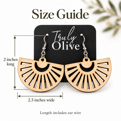 Fan earrings with arrows showing 2 inches long including ear wire and 2.3 inches wide.