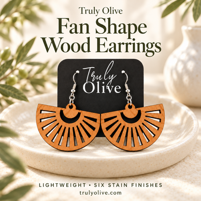 Cherry fan earrings with Fan Shape Wood Earrings text and trulyolive.com.