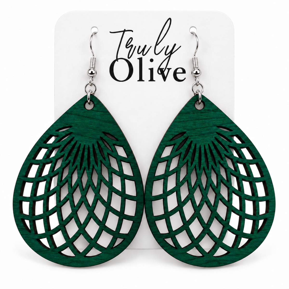 Green wooden teardrop earrings with geometric lattice cutouts on a white Truly Olive card.