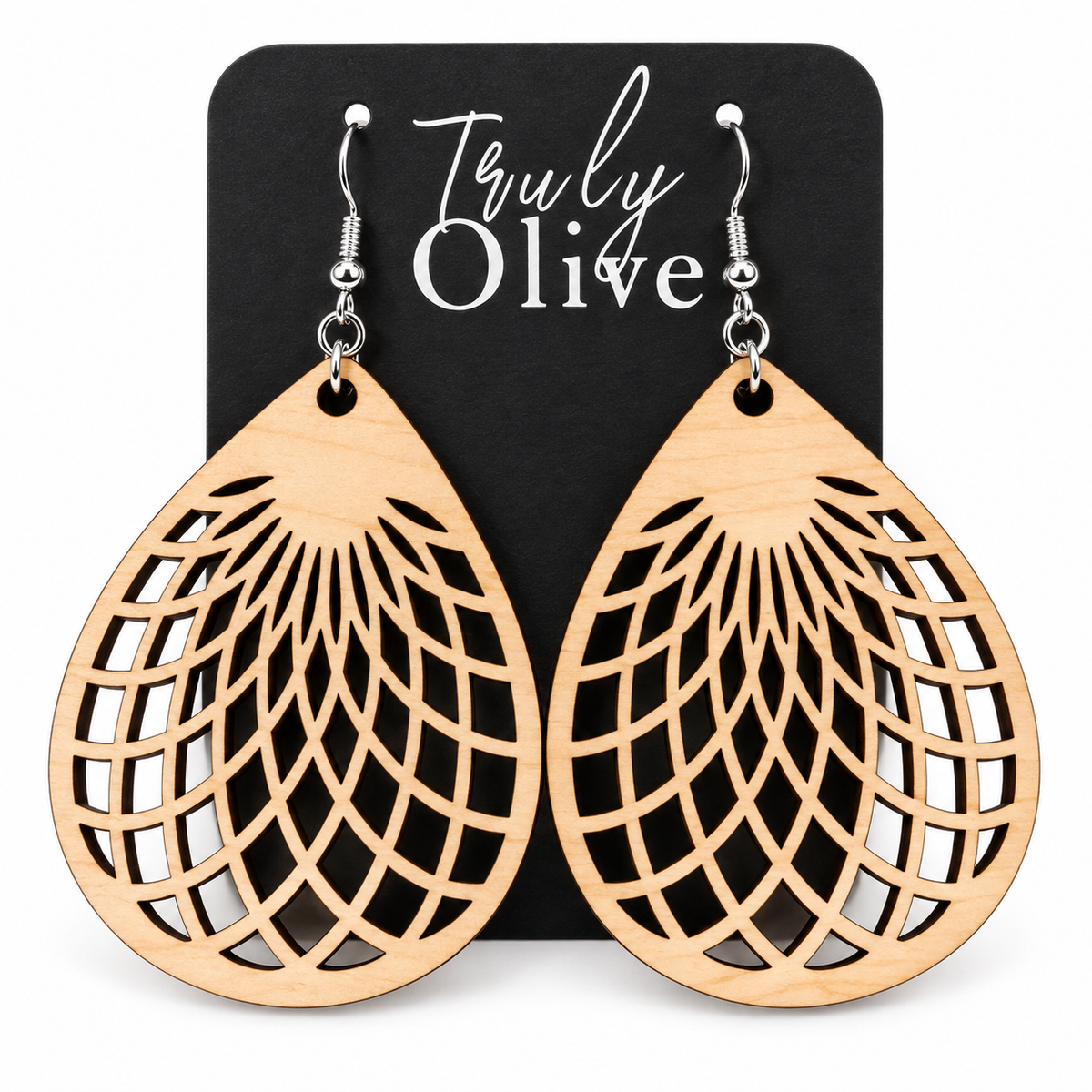 Maple wooden teardrop earrings with geometric cutouts on a black Truly Olive card.