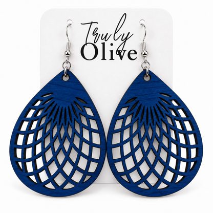 Marine Blue wooden teardrop earrings on a white Truly Olive card.