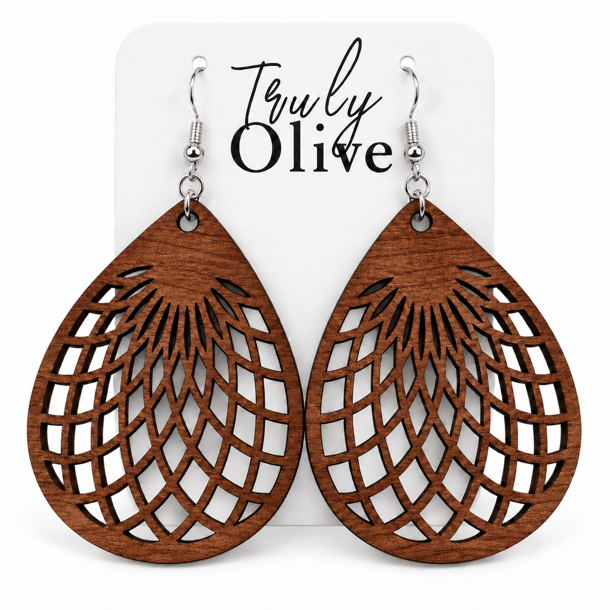 Sapele wooden teardrop earrings showing natural grain on a white Truly Olive card.