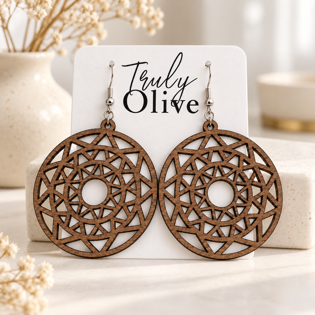 Truly Olive Boho Mandala Wooden Statement Earrings - Earrings Dangle Earrings