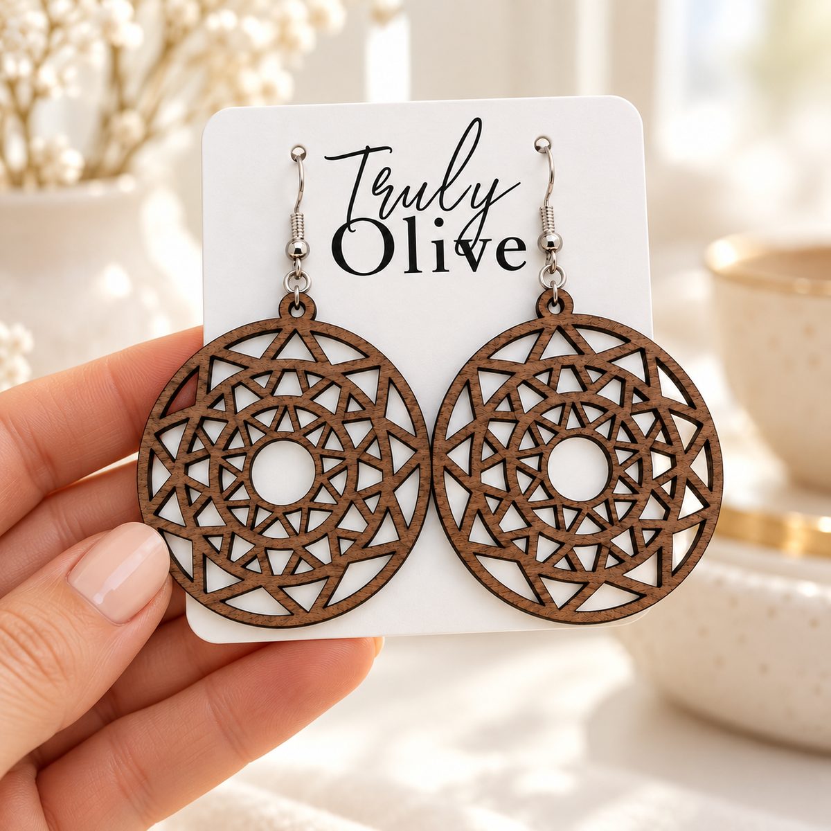 Truly Olive Boho Mandala Wooden Statement Earrings - Earrings Dangle Earrings