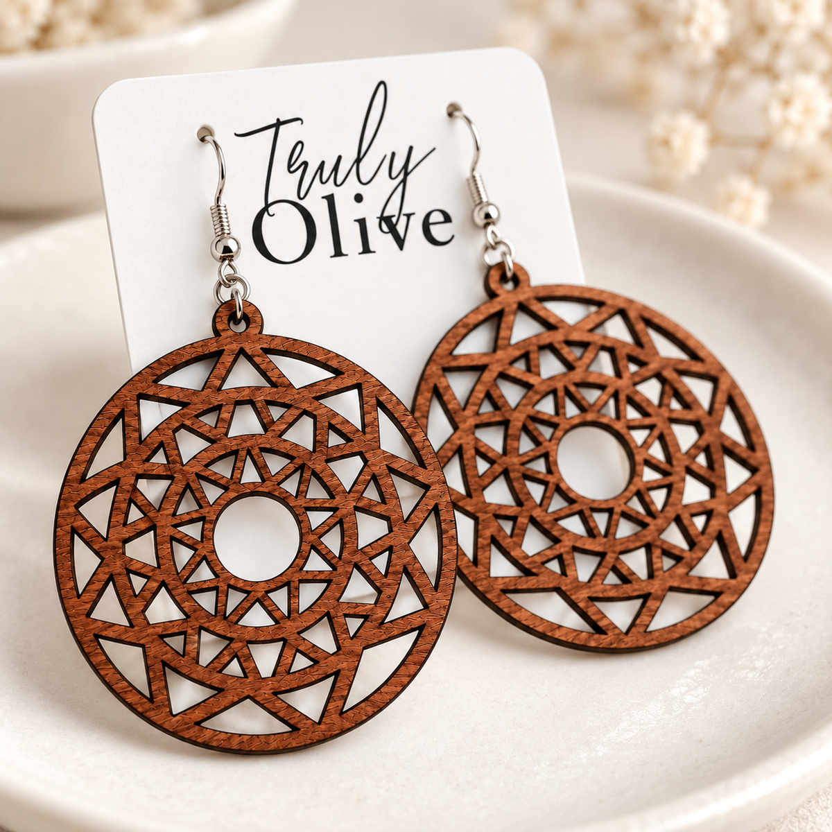 Truly Olive Boho Mandala Wooden Statement Earrings - Earrings Dangle Earrings