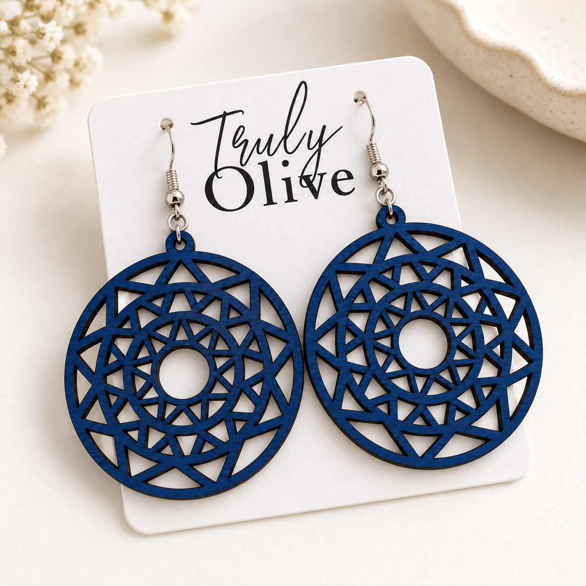 Truly Olive Boho Mandala Wooden Statement Earrings - Earrings Dangle Earrings