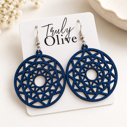 Truly Olive Boho Mandala Wooden Statement Earrings - Earrings Dangle Earrings