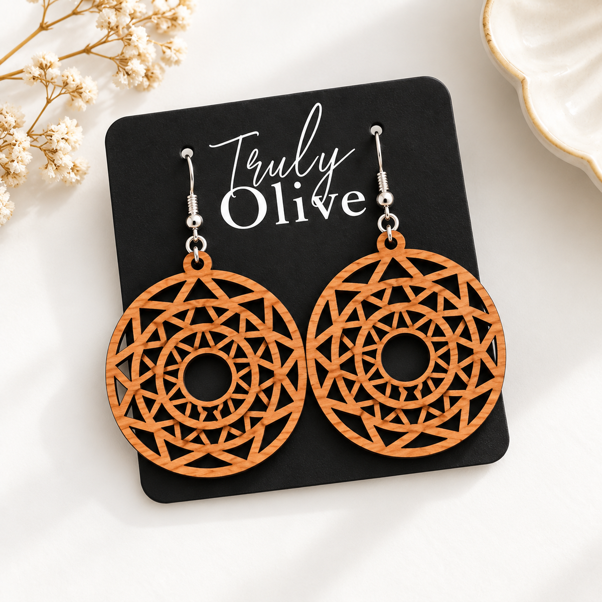 Truly Olive Boho Mandala Wooden Statement Earrings - Earrings Dangle Earrings