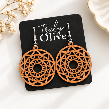 Truly Olive Boho Mandala Wooden Statement Earrings - Earrings Dangle Earrings