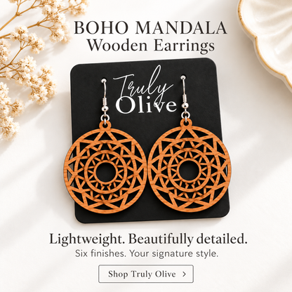 Truly Olive Boho Mandala Wooden Statement Earrings - Earrings Dangle Earrings