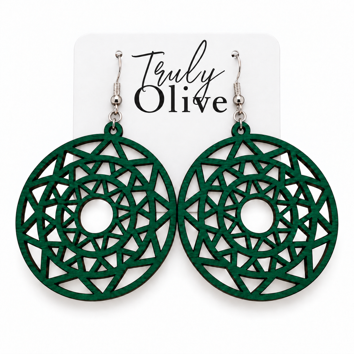 Truly Olive Boho Mandala Wooden Statement Earrings - Earrings Dangle Earrings