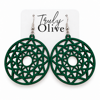 Truly Olive Boho Mandala Wooden Statement Earrings - Earrings Dangle Earrings