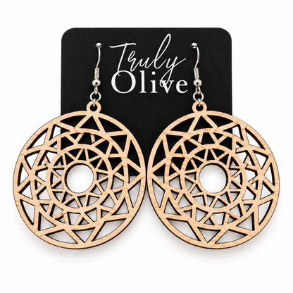 Truly Olive Boho Mandala Wooden Statement Earrings - Earrings Dangle Earrings