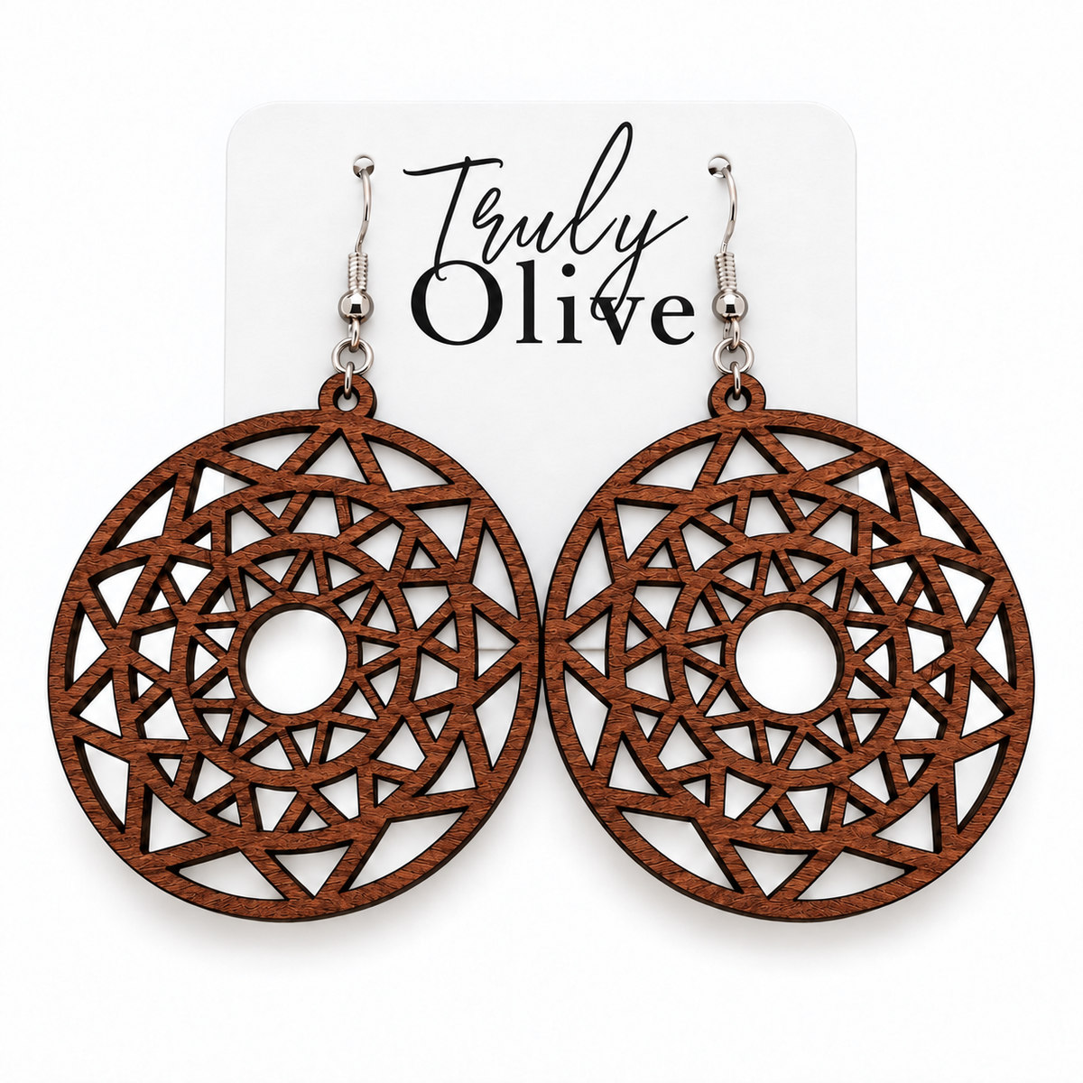 Truly Olive Boho Mandala Wooden Statement Earrings - Earrings Dangle Earrings