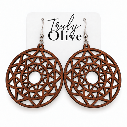 Truly Olive Boho Mandala Wooden Statement Earrings - Earrings Dangle Earrings