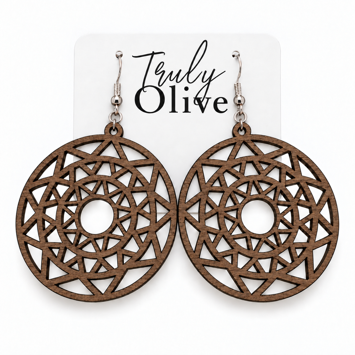 Truly Olive Boho Mandala Wooden Statement Earrings - Earrings Dangle Earrings