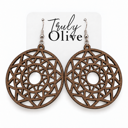 Truly Olive Boho Mandala Wooden Statement Earrings - Earrings Dangle Earrings