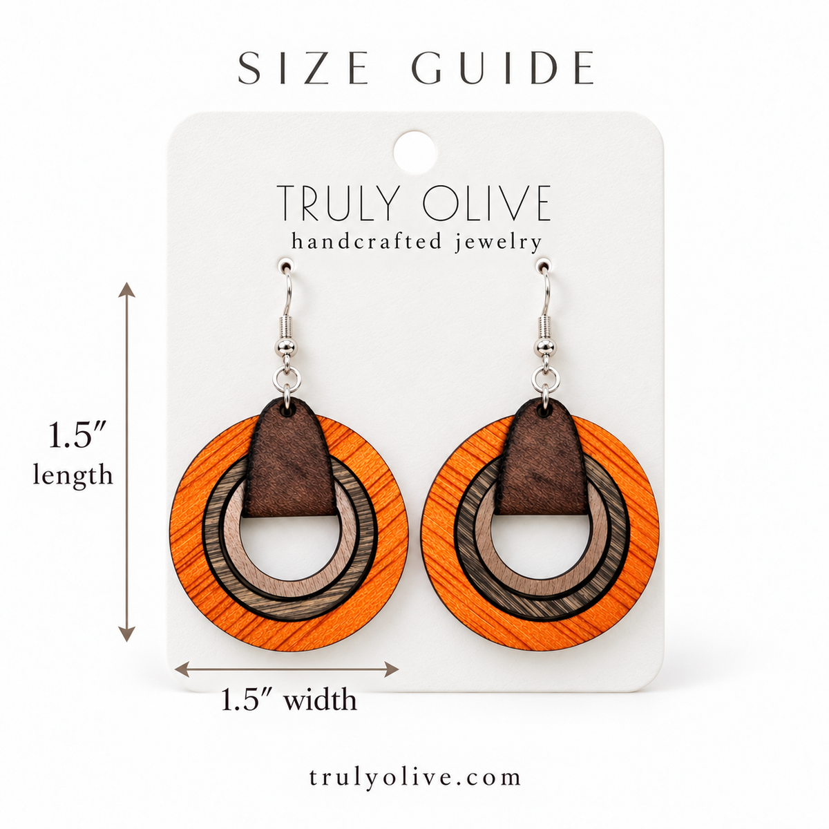 Truly Olive orange wood hoop earrings with measurements labeled 1.5 inches long and 1.5 inches wide.