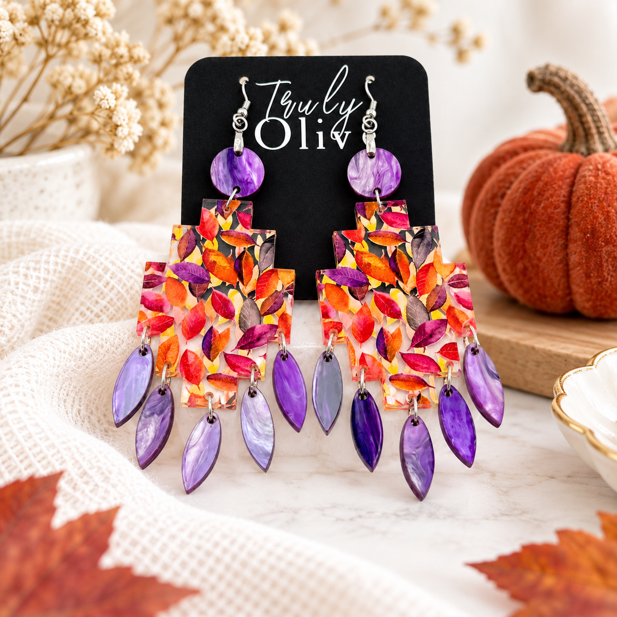 Truly Olive Vibrant Autumn Leaf Dangle Earrings For Elegant Fall Looks - Earrings Dangle Earrings