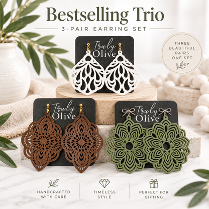 Truly Olive Trulyolive Decorative Laser Cut Wood Earring Trio Set - Earrings Stud/Post Earrings