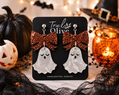 Truly Olive Halloween Ghost Lightweight Earrings With Copper Glitter Bows - Earrings Dangle Earrings