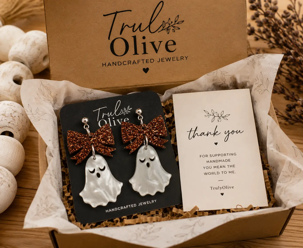 Truly Olive Halloween Ghost Lightweight Earrings With Copper Glitter Bows - Earrings Dangle Earrings