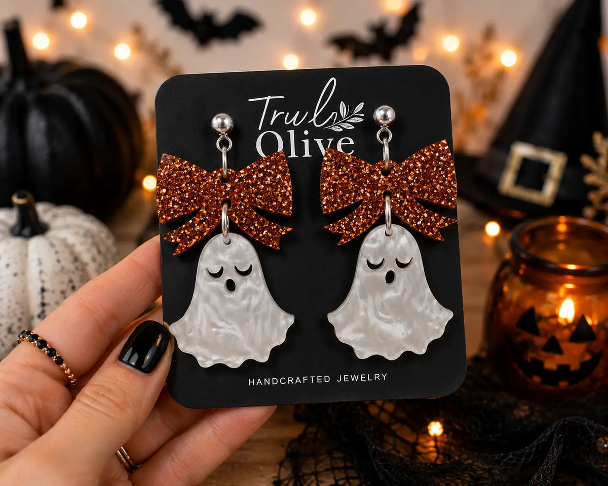 Truly Olive Halloween Ghost Lightweight Earrings With Copper Glitter Bows - Earrings Dangle Earrings