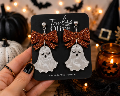 Truly Olive Halloween Ghost Lightweight Earrings With Copper Glitter Bows - Earrings Dangle Earrings
