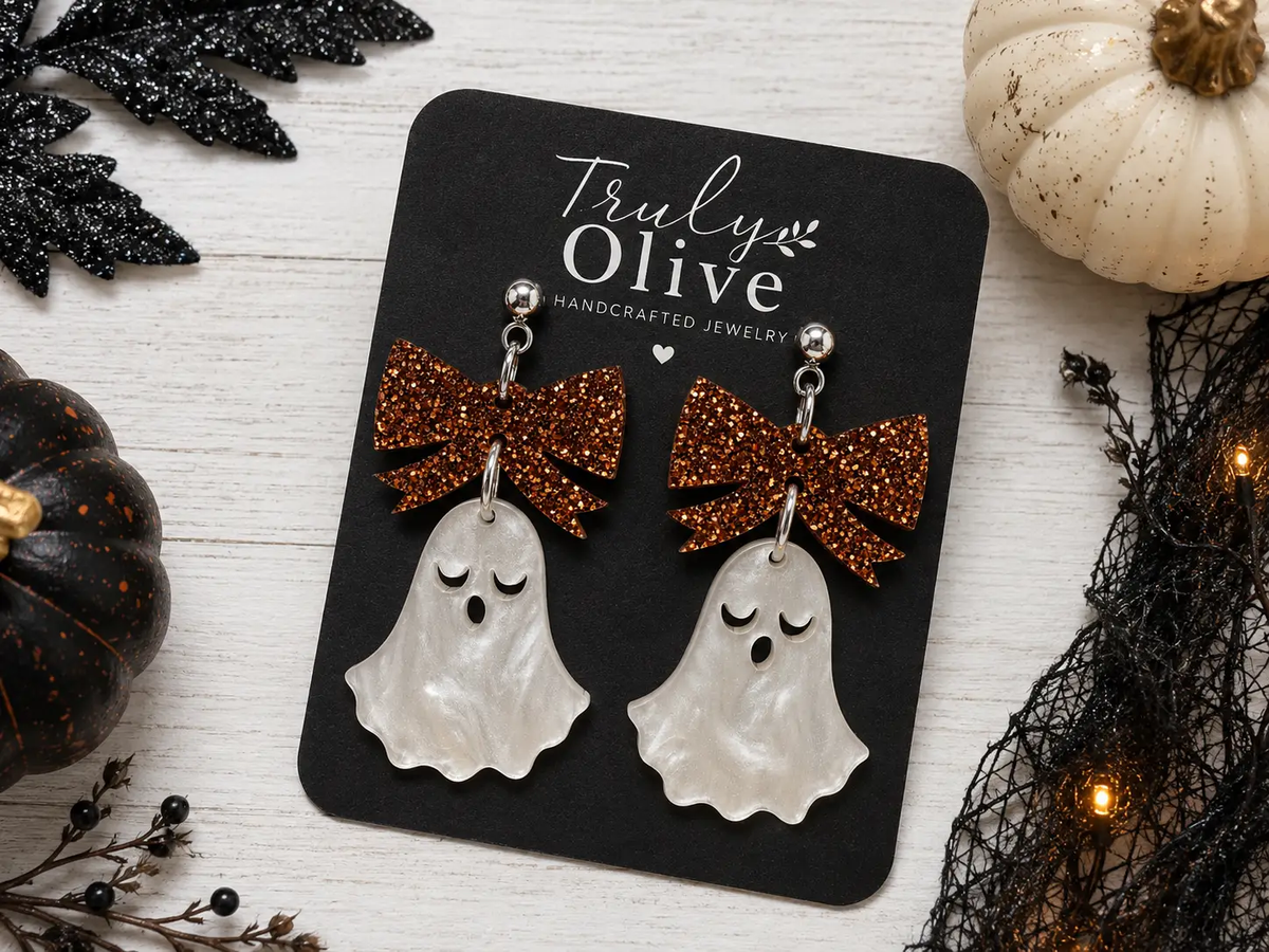 Truly Olive Halloween Ghost Lightweight Earrings With Copper Glitter Bows - Earrings Dangle Earrings