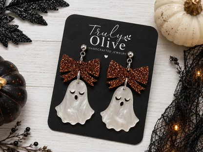 Truly Olive Halloween Ghost Lightweight Earrings With Copper Glitter Bows - Earrings Dangle Earrings
