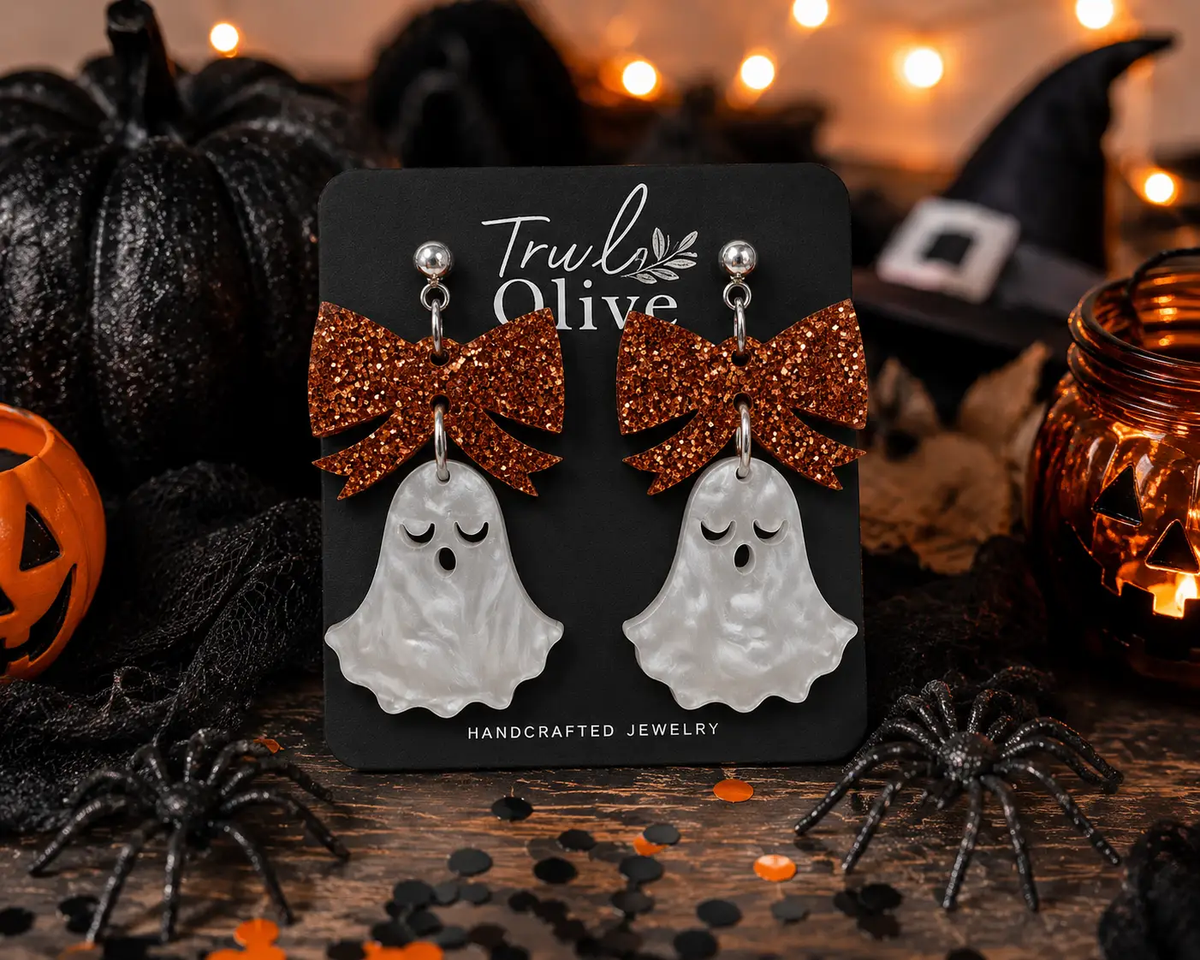 Truly Olive Halloween Ghost Lightweight Earrings With Copper Glitter Bows - Earrings Dangle Earrings