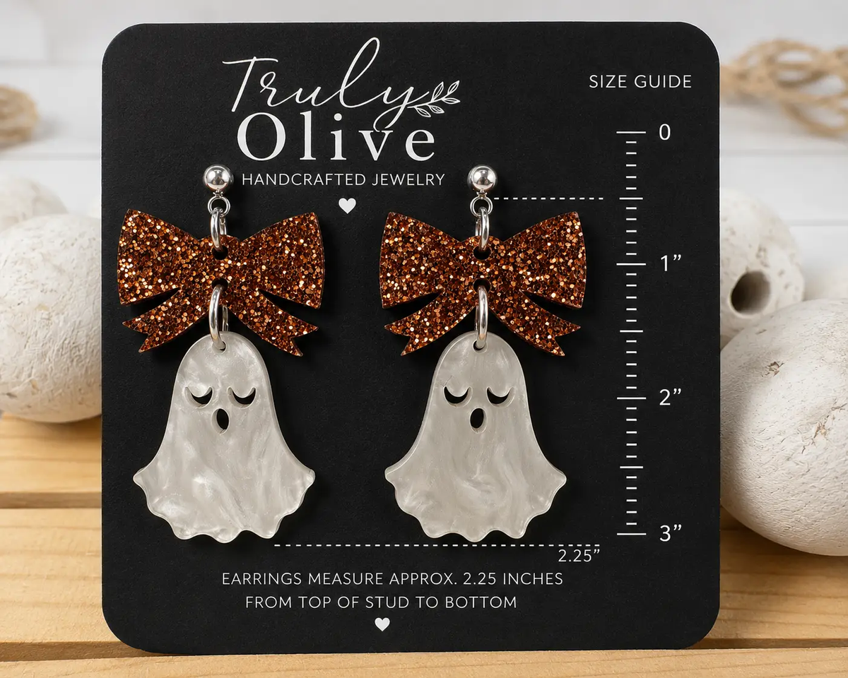 Truly Olive Halloween Ghost Lightweight Earrings With Copper Glitter Bows - Earrings Dangle Earrings