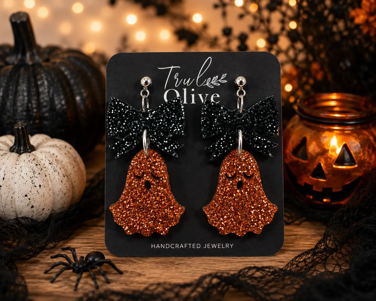Truly Olive Halloween Ghost Lightweight Earrings With Copper Glitter Bows - Earrings Dangle Earrings