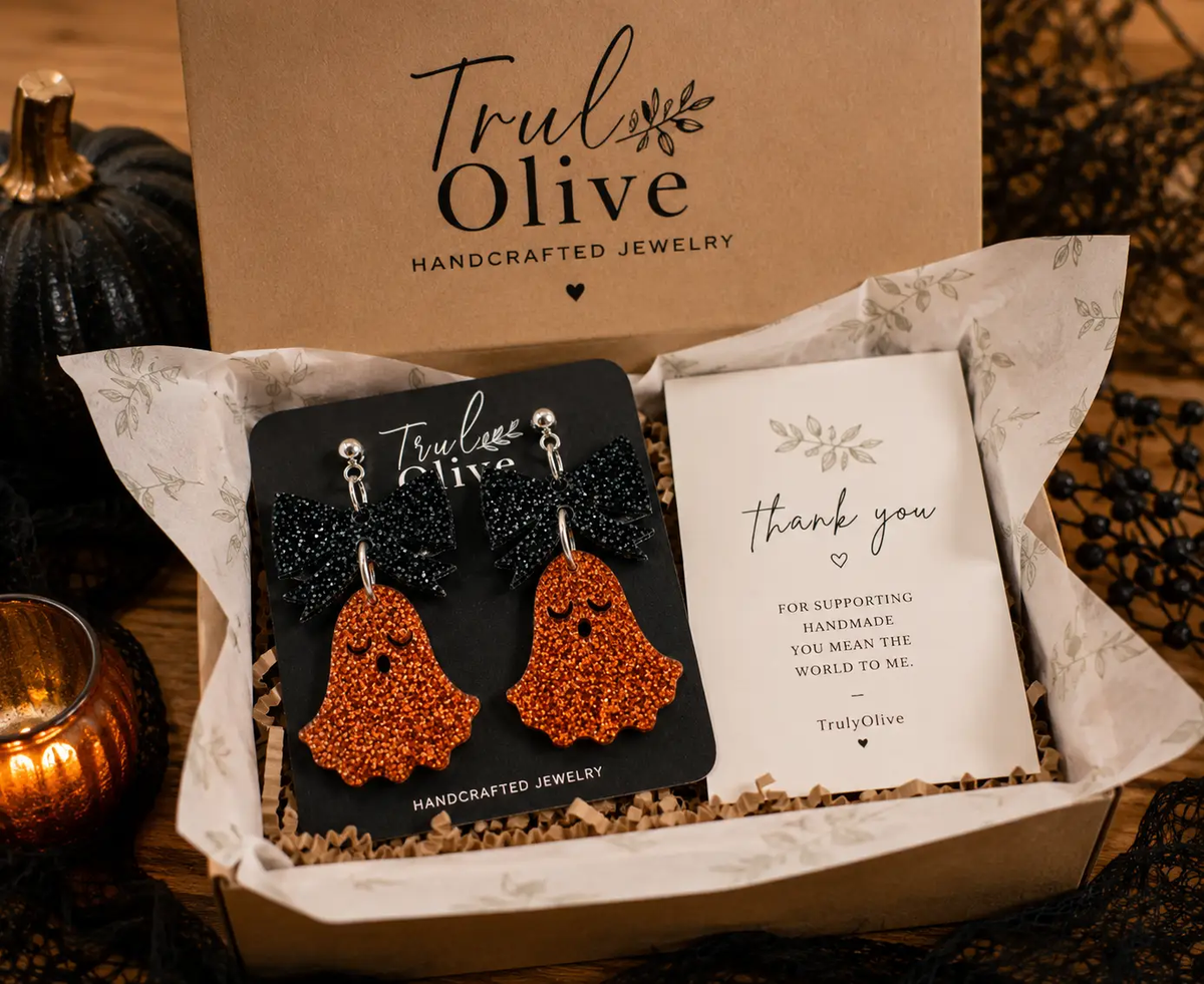 Truly Olive Halloween Ghost Lightweight Earrings With Copper Glitter Bows - Earrings Dangle Earrings