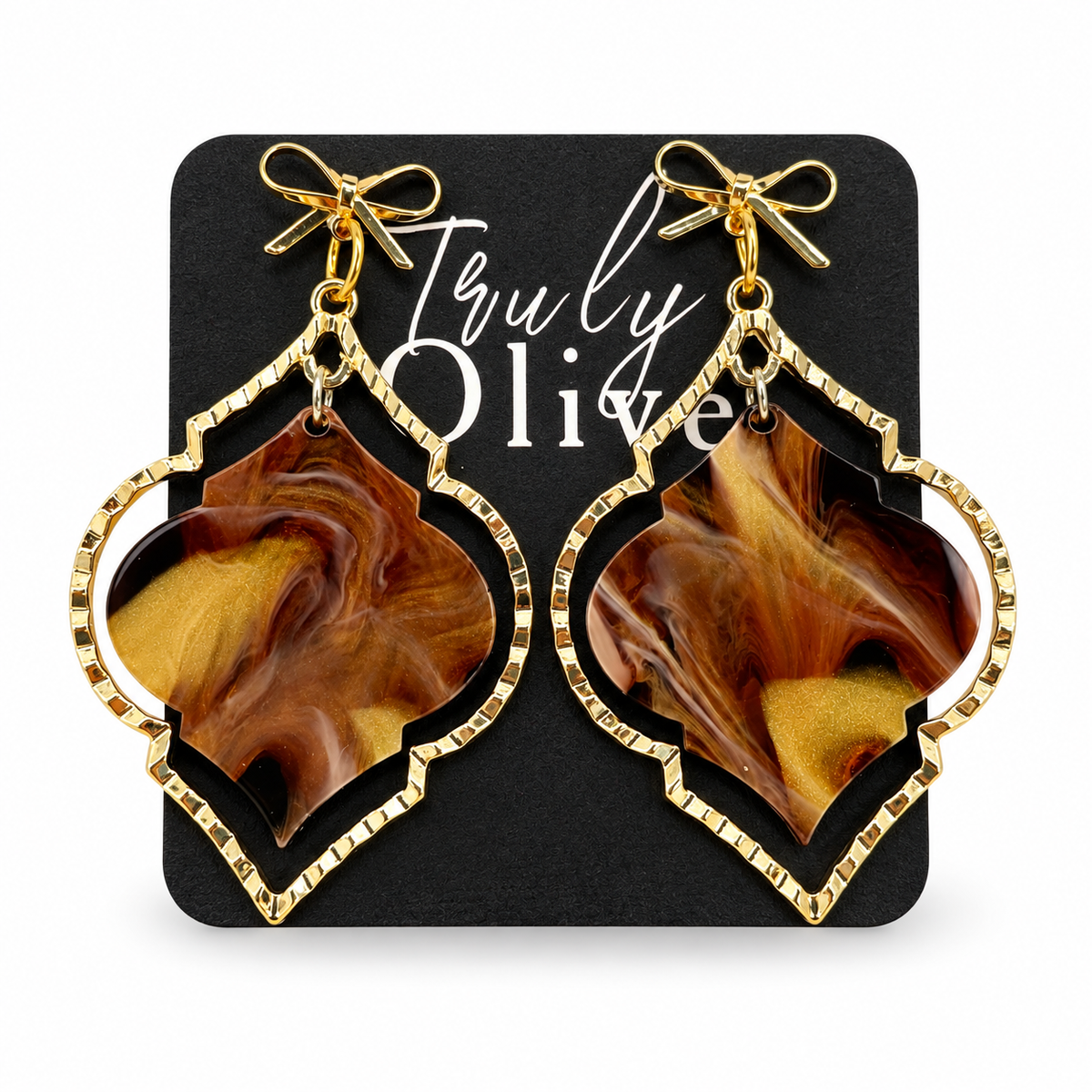 Truly Olive Elegant Marbled Statement Earrings With Golden Bow Design - Earrings Dangle Earrings