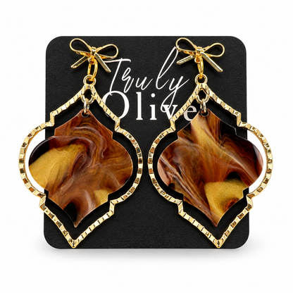 Truly Olive Elegant Marbled Statement Earrings With Golden Bow Design - Earrings Dangle Earrings