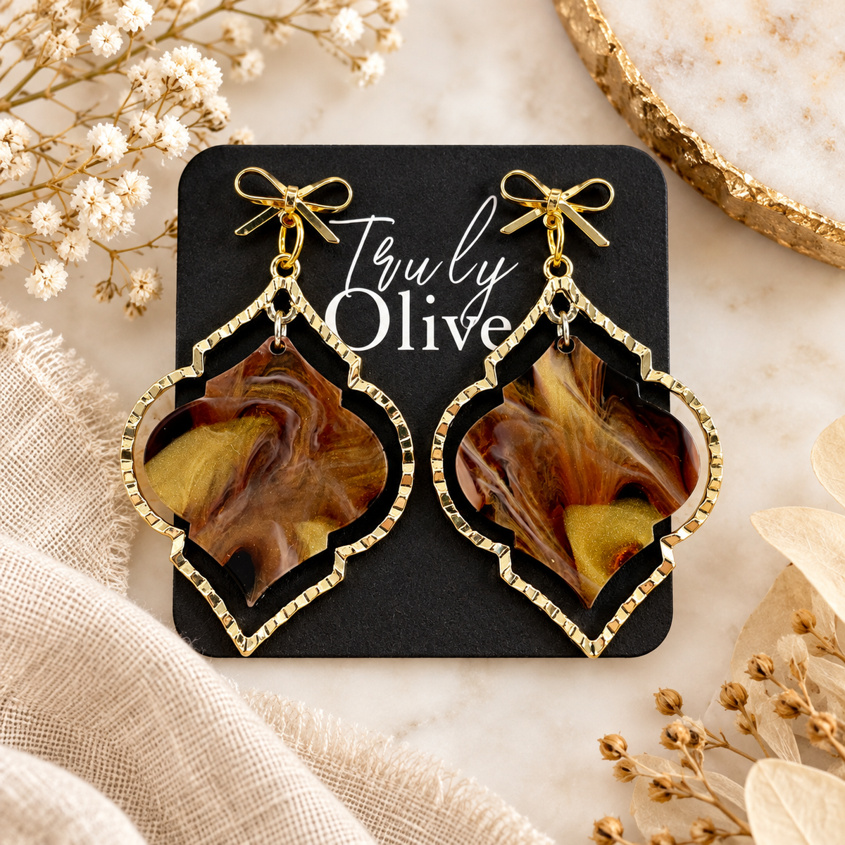 Truly Olive Elegant Marbled Statement Earrings With Golden Bow Design - Earrings Dangle Earrings