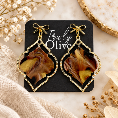 Truly Olive Elegant Marbled Statement Earrings With Golden Bow Design - Earrings Dangle Earrings