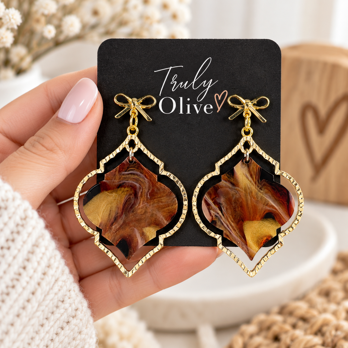 Truly Olive Elegant Marbled Statement Earrings With Golden Bow Design - Earrings Dangle Earrings