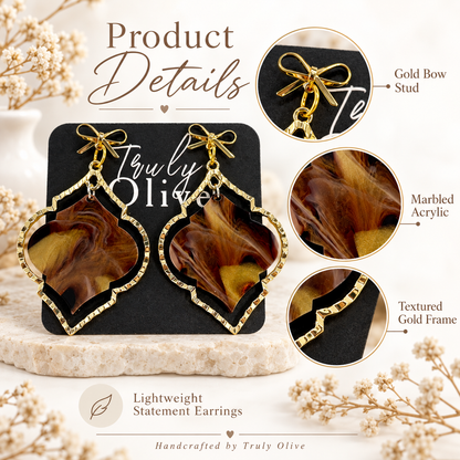 Truly Olive Elegant Marbled Statement Earrings With Golden Bow Design - Earrings Dangle Earrings