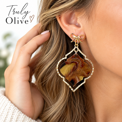 Truly Olive Elegant Marbled Statement Earrings With Golden Bow Design - Earrings Dangle Earrings