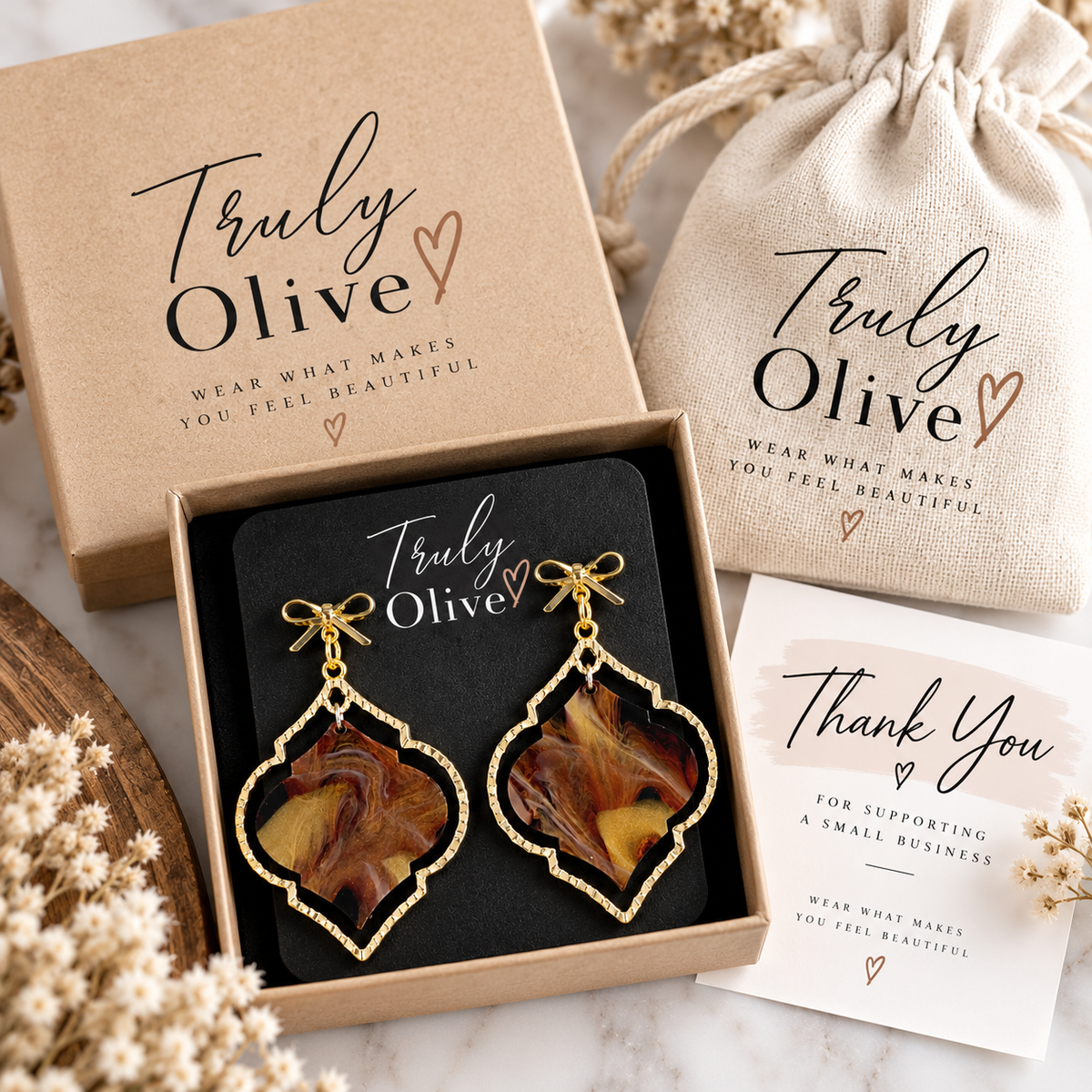 Truly Olive Elegant Marbled Statement Earrings With Golden Bow Design - Earrings Dangle Earrings