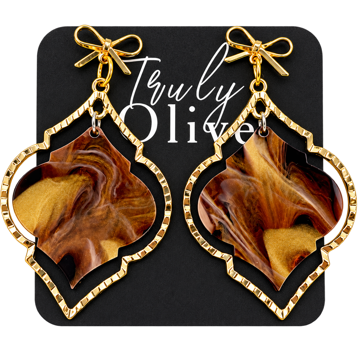 Truly Olive Elegant Marbled Statement Earrings With Golden Bow Design - Earrings Dangle Earrings
