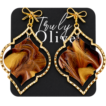 Truly Olive Elegant Marbled Statement Earrings With Golden Bow Design - Earrings Dangle Earrings