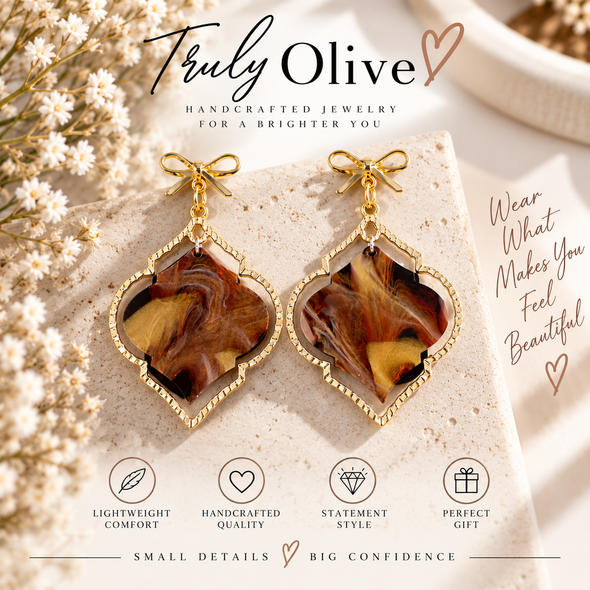 Truly Olive Elegant Marbled Statement Earrings With Golden Bow Design - Earrings Dangle Earrings