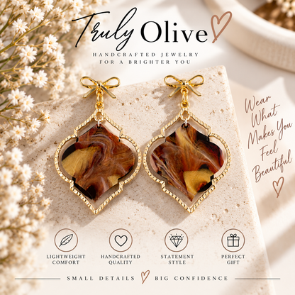 Truly Olive Elegant Marbled Statement Earrings With Golden Bow Design - Earrings Dangle Earrings