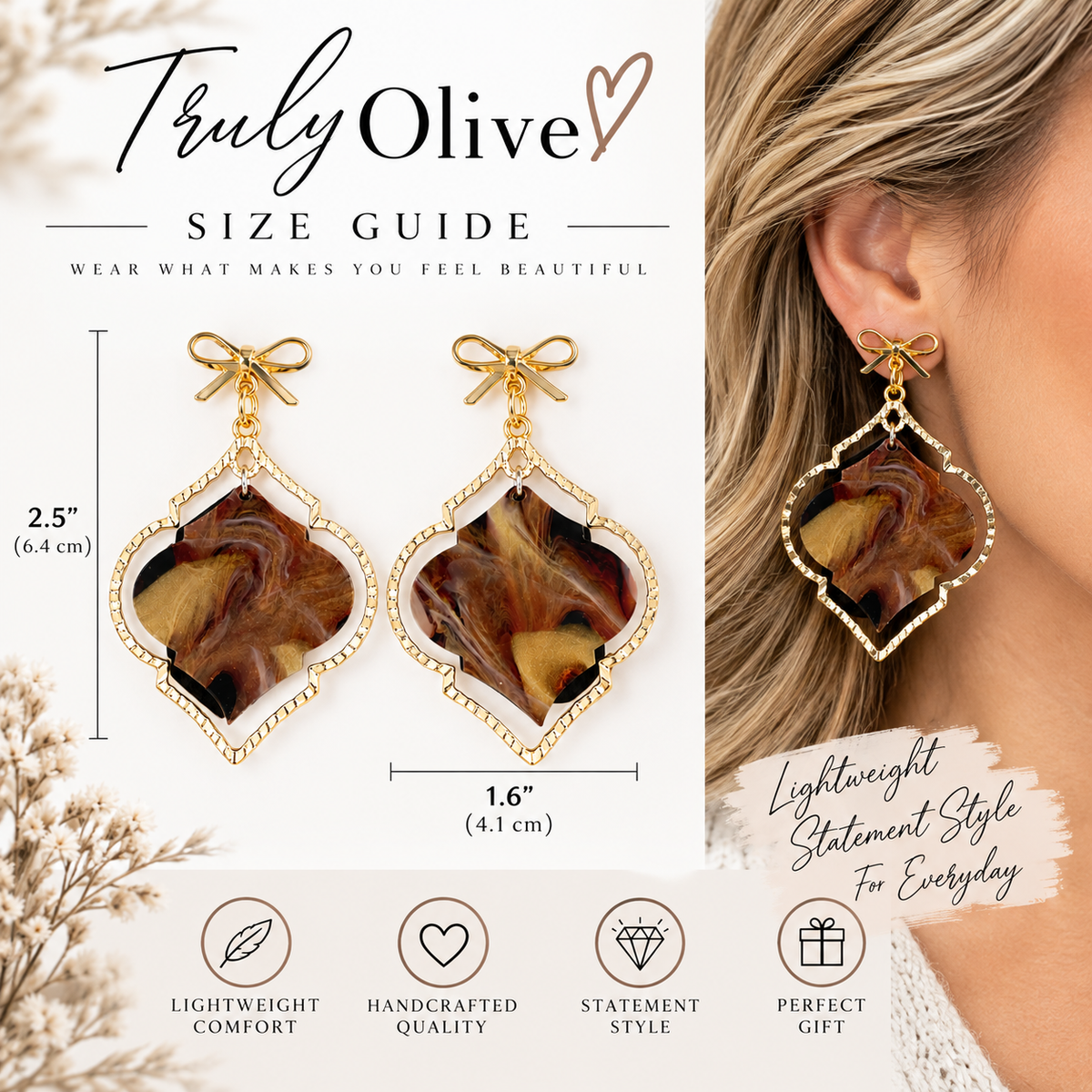 Truly Olive Elegant Marbled Statement Earrings With Golden Bow Design - Earrings Dangle Earrings