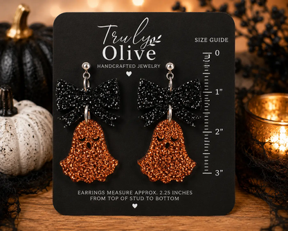Truly Olive Halloween Ghost Lightweight Earrings With Copper Glitter Bows - Earrings Dangle Earrings