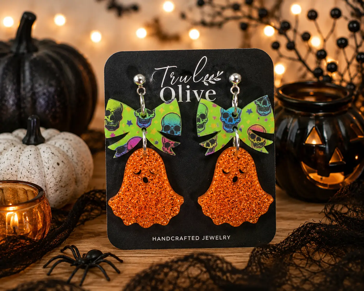 Truly Olive Halloween Ghost Lightweight Earrings With Copper Glitter Bows - Earrings Dangle Earrings