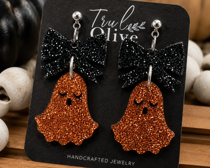 Truly Olive Halloween Ghost Lightweight Earrings With Copper Glitter Bows - Earrings Dangle Earrings
